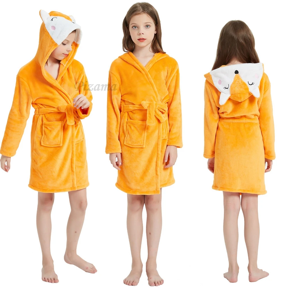Girls and Boys Fox Kigurumi Animal Cartoon Bathrobes Winter Warm Flannel Bath Robe with Belt Kids Pajamas Sleepwear Homewear kids pajamas set flannel pajamas child bathrobe kids robe