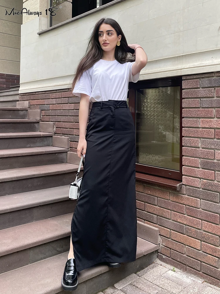 Mnealways18 Black Loose Long Skirts Women A-Line Zip Skirts