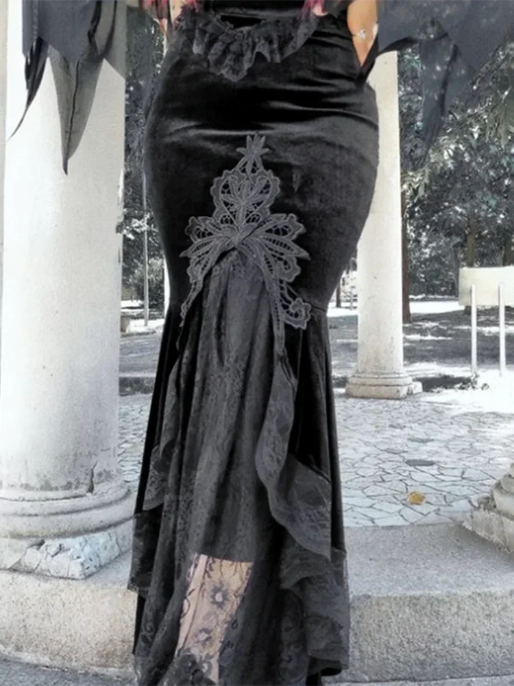 

INSCUTEE Streetwear Gothic Dark Velvet Dress Women Vintage Lace Patchwork Trumpet Skirt Fairycore Grunge Partywear Emo Skirts