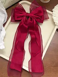 Elegant Pink Lace Bow Hair Clip with Long Tail Ribbon - Perfect for Weddings, Proms, and Special Occasions (1Pcs Red)