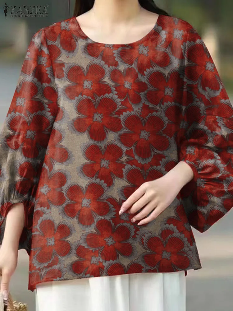

Винтажная женская блузка с рукавами-фонариками, Осенний Топ-туника с цветочным принтом, 2023 ZANZEA, богемный свободный праздничный вариант