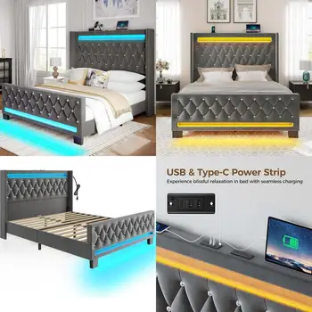 Grey LED Light Queen Bed with Charging Station, Upholstered 1