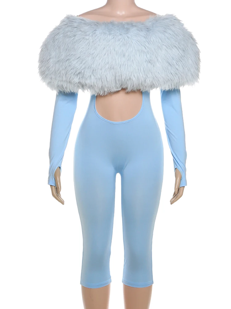 Nibber Furry Patchwork Jumpsuit Woman Slash Neck Sexy Hollow Full Sleeve Backless Slim Peach Hip Hottie Street Fashion Overalls