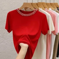 2026 Ladies Solid Versatile Tees Elegant Women Knitted T-Shirt New Chic Short Sleeve Tops Sleeveless Beading Casual Tops 1