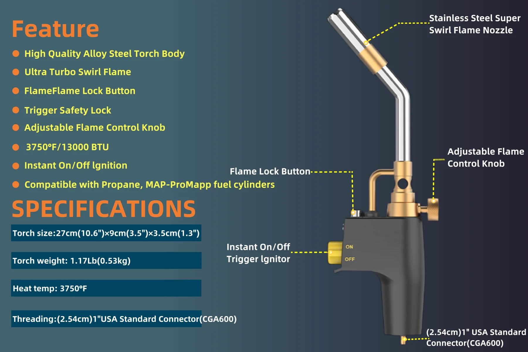 Propan-Brennerkopf, Trigger Start Mapp Gasbrenner, Kartengasgebläse-Set, Kraftstoff von MAPP, MAP/PRO, professionelle tragbare Gasbrenner (CSA). – Detail 2