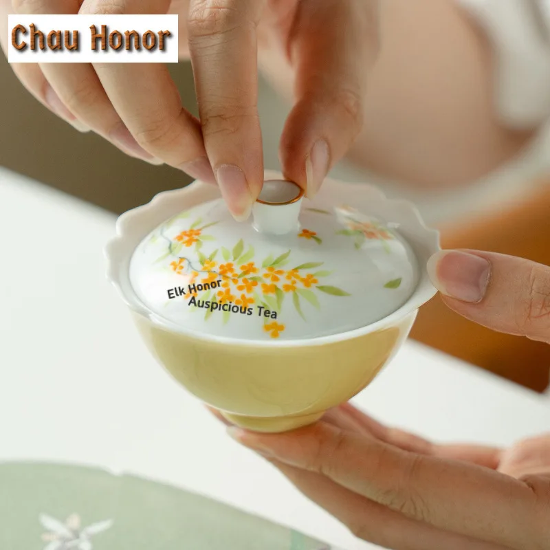 70ml Hand-painted Osmanthus Wheat Straw Yellow Gaiwan Ancient Tea Tureen Tea Bowl With Lid Kit Tea Making Cover Bowl Tableware