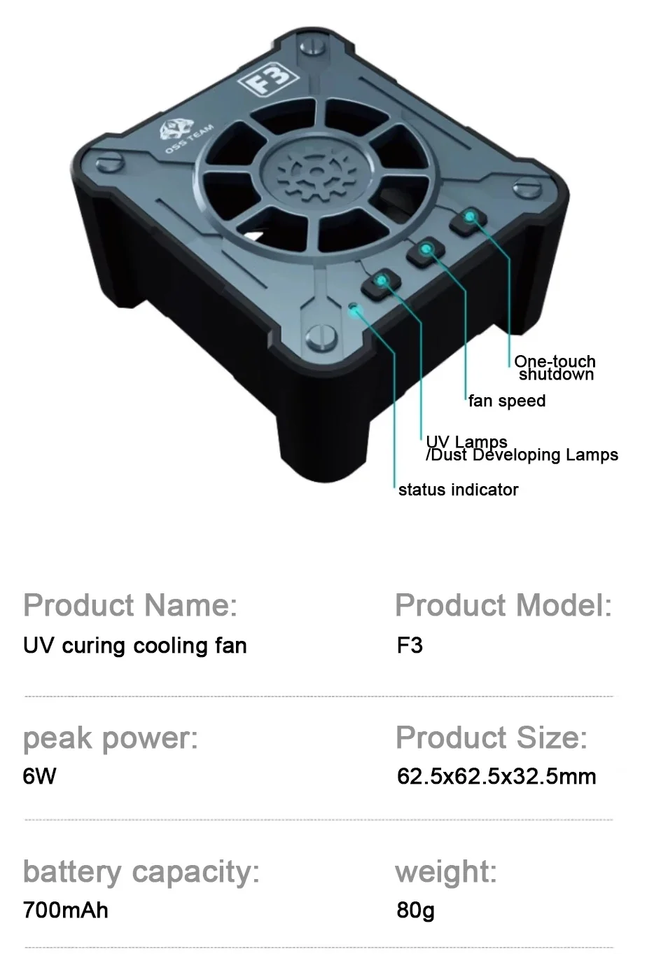 OSS F3 3 in1 Cooling Curing Fan 6W 3-Second Cooling for Phone Repair PCB Welding