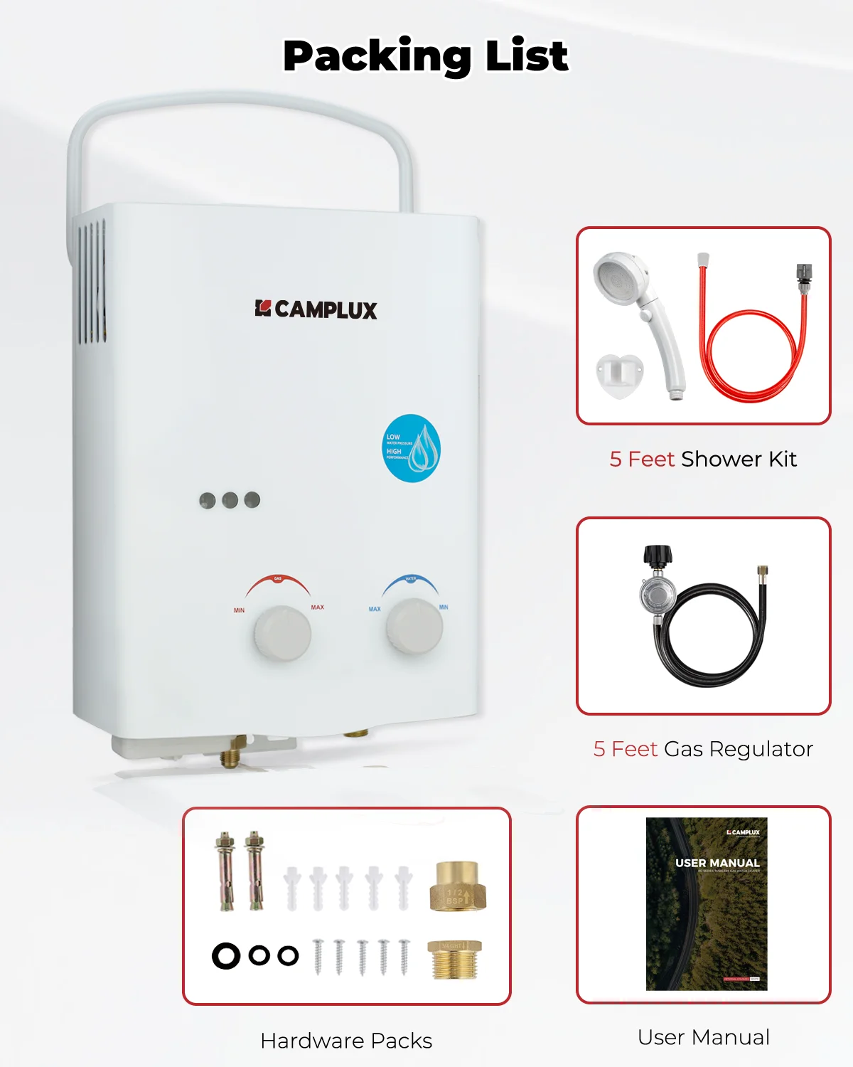 CAMPLUX Tankless Water Heater Outdoor 1.32 GPM Portable Propane Camping Water Heater 5L AY132 White