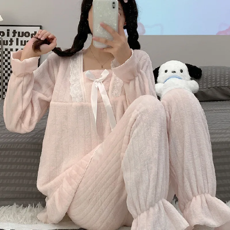 Women Pajamas Sets Winter Flannel Sleepwear Velvet Pyjama 2 Pieces Heart Print Pjs Warm Pijamas Mujer Female Loungewear Homewear