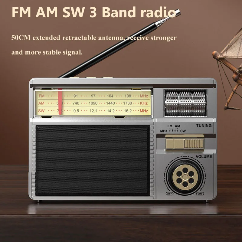 Portable Emergency Full Band Radio Solar Powered Vintage FM AM SW Radios Recevier Wireless Bluetooth Speaker with TF USB Port
