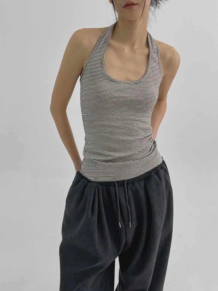 Unique SEI Korean Sle Slimming Striped Low Ne Hanging Strap Base Tank Top Trendy Commute Long Sve T-irt for Young Women