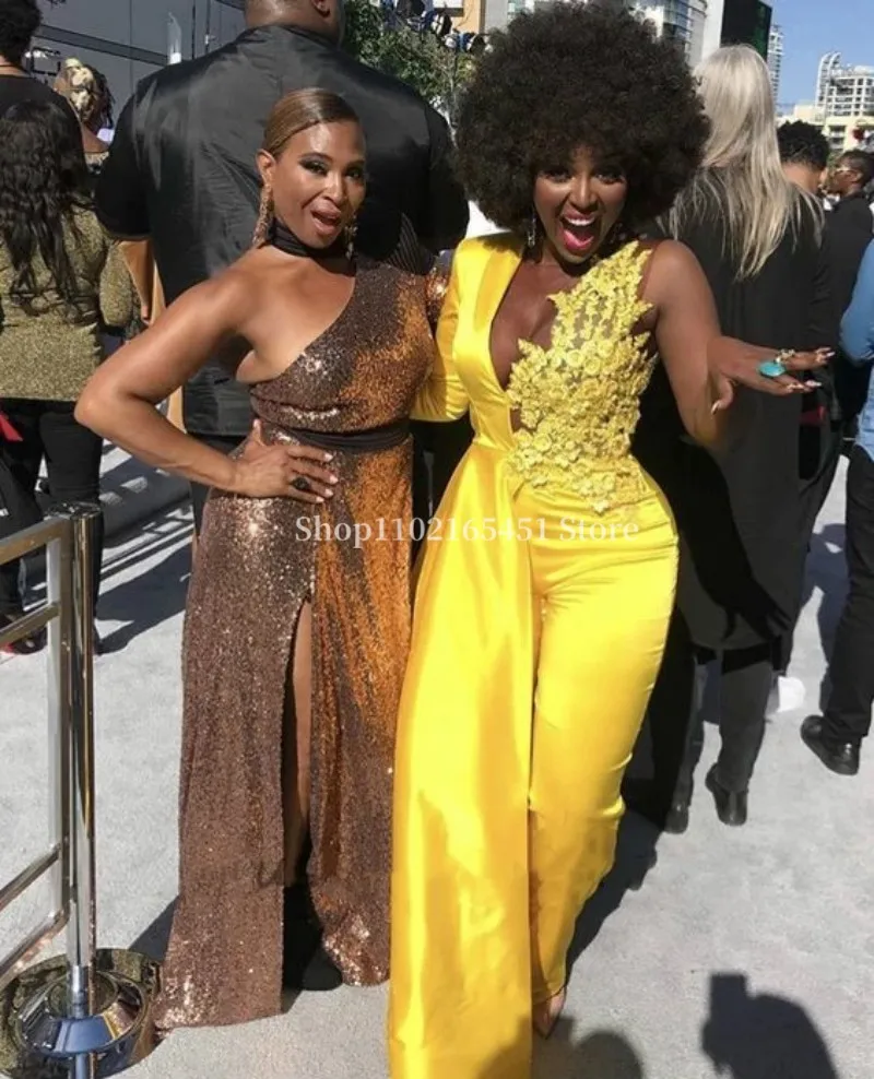 Yellow Jumpsuit Evening Dress One Shoulder Outfit Prom Dresses With Overskirt Lace Appliques Formal Gown with Pant Customized