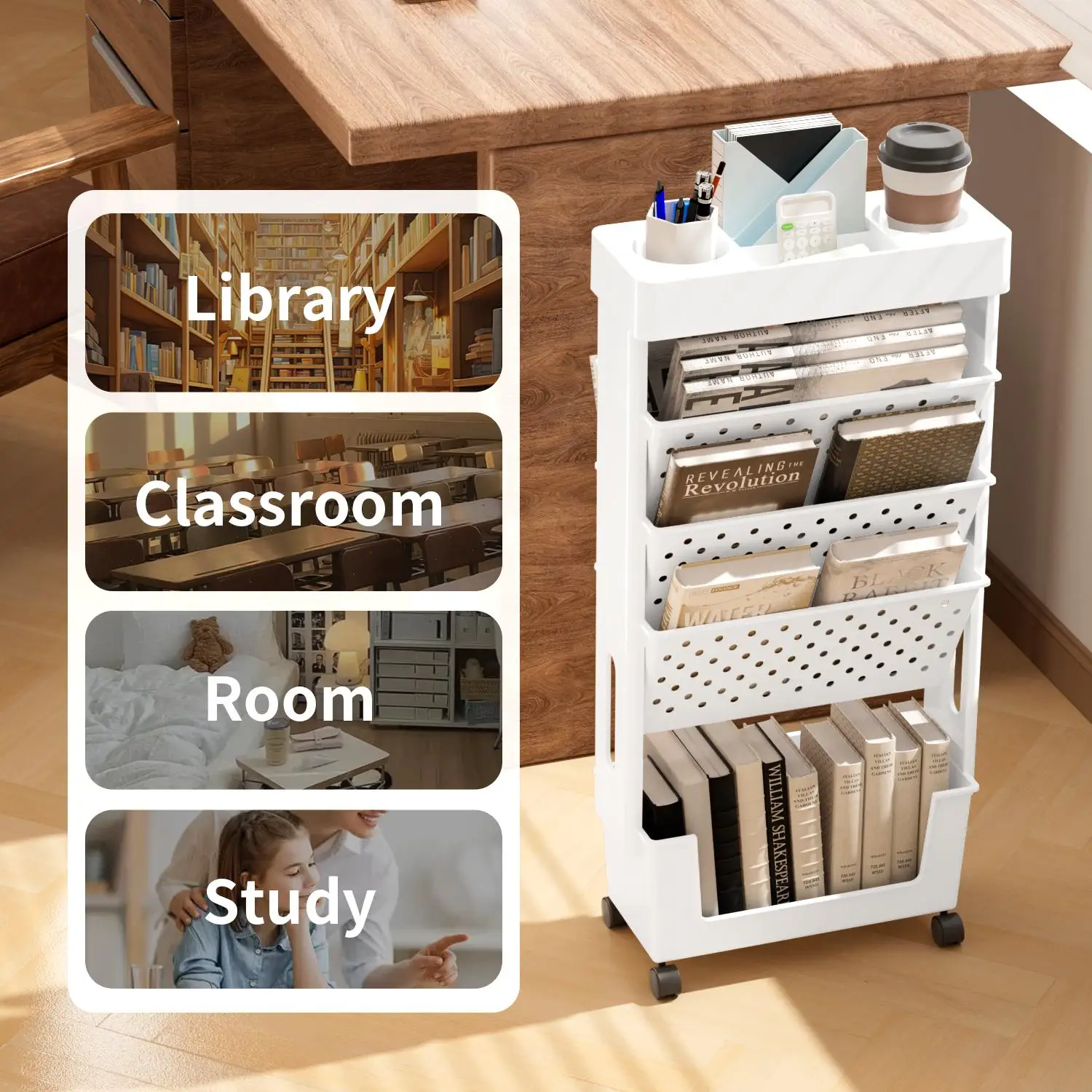5-Tier Rolling Magazine and Book Storage Rack - Mobile Bookshelf for Classroom and Office