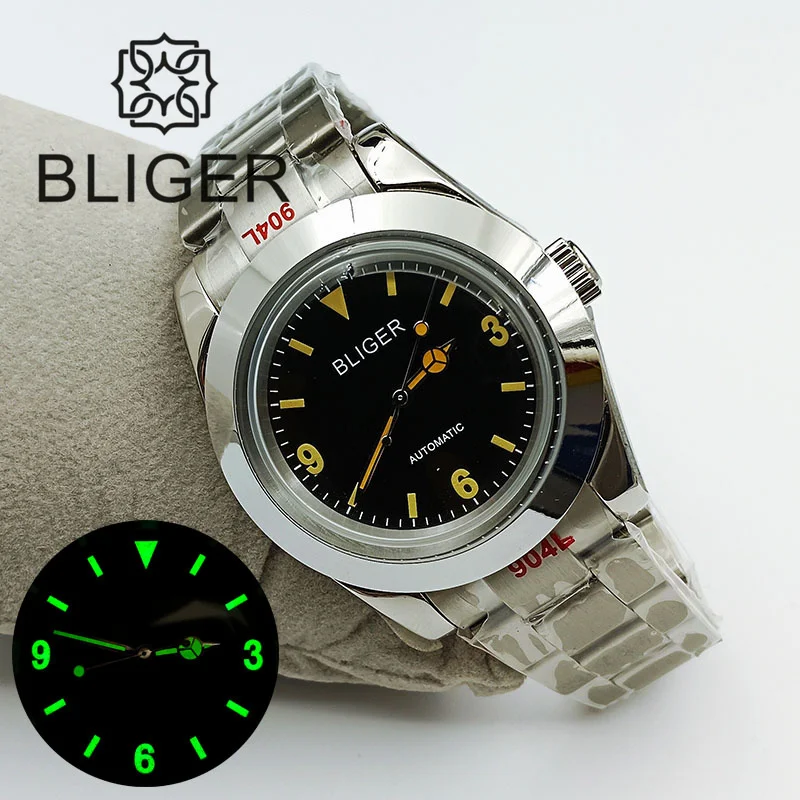 

BLIGER 36mm/39mm NH35A Automatic Watch For Men Polished Bezel Domed Glass Black Dial Yellow Time Mark Luminous Oyster Bracelet