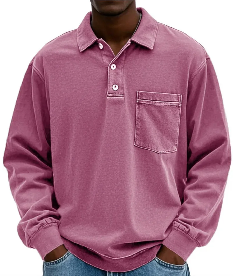 Amerikanischer Retro-Stil Dunkelgraues Langarm-Poloshirt mit lockerem Revers und Taschendesign – Lässiges, vielseitiges, schweres Oberteil für Herren – Detail 8