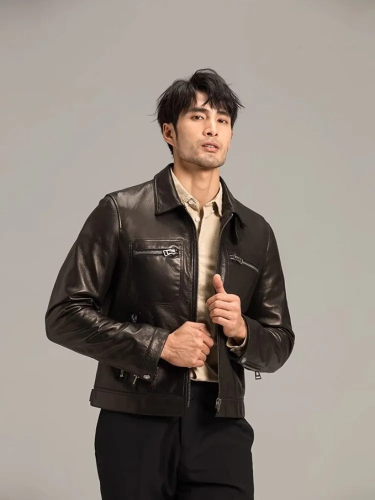 남성용 천연 양가죽 오토바이 재킷, 슬림핏 지퍼 펑크 블랙, 천연 가죽 짧은 코트, 맞춤형 10 일, 고품질