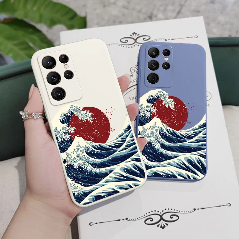 Red Sun Sea Waves Phone Case - Artistic Design Cover
