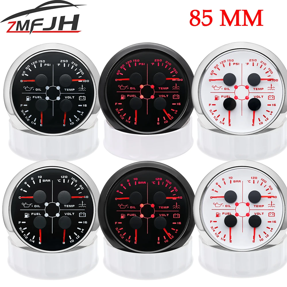 Quadrante Multifunzione 4 In 1 Da 85 Mm - Pressione Olio, Livello Carburante, Temperatura Acqua, Voltmetro