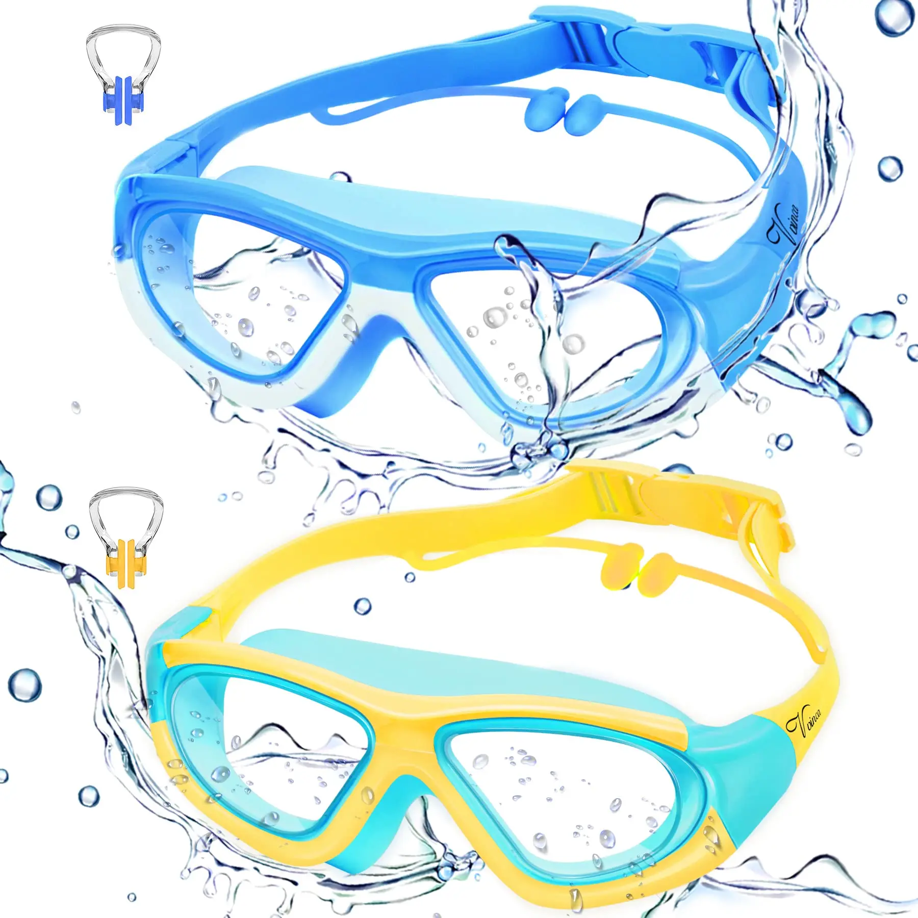 High-definition Children's Waterproof And Anti Fog Swimming Large Frame Glasses, Convenient Goggles Silicone Connected Earplugs