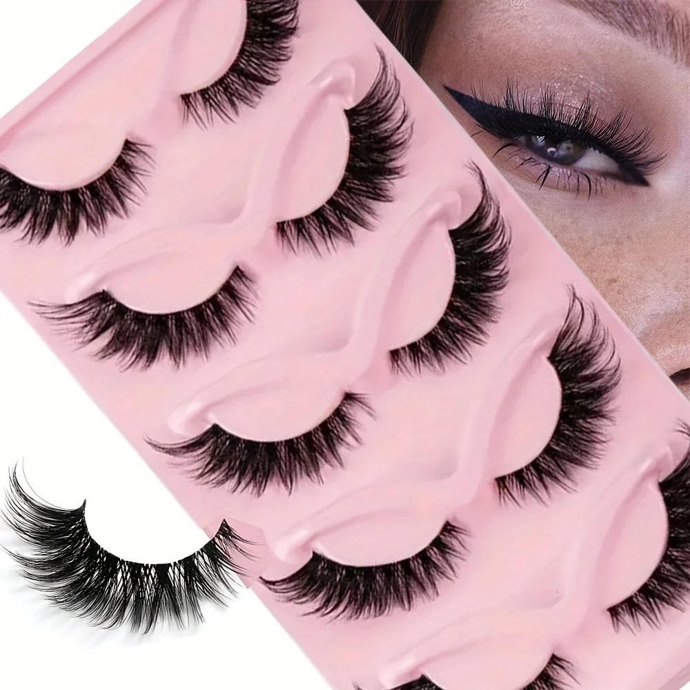 5 Paar falsche Wimpern – natürlich, lang, Katzenaugen-Stil, geflügelte Spitzen, Manga-Wimpern zur Augenlängerung