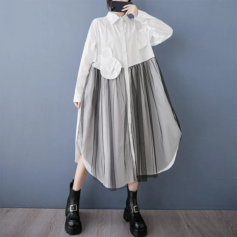 #2609 Black White Women Irregular Shirt Dress Long Sleeve Loose Split Joint Mesh A-line Midi Dress Ladies Single Breasted Spring 4