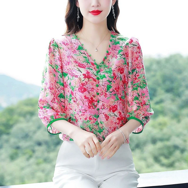 Summer Office Lady Printing V-neck 3/4 Sleeve Blouse Ladies