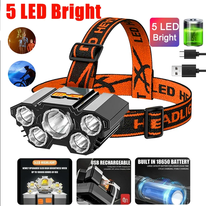 

High Power 5 LED Headlight USB Rechargeable Built in 18650 Battery Torch 3 Lighting Modes Camping Fishing Lantern Headlamp