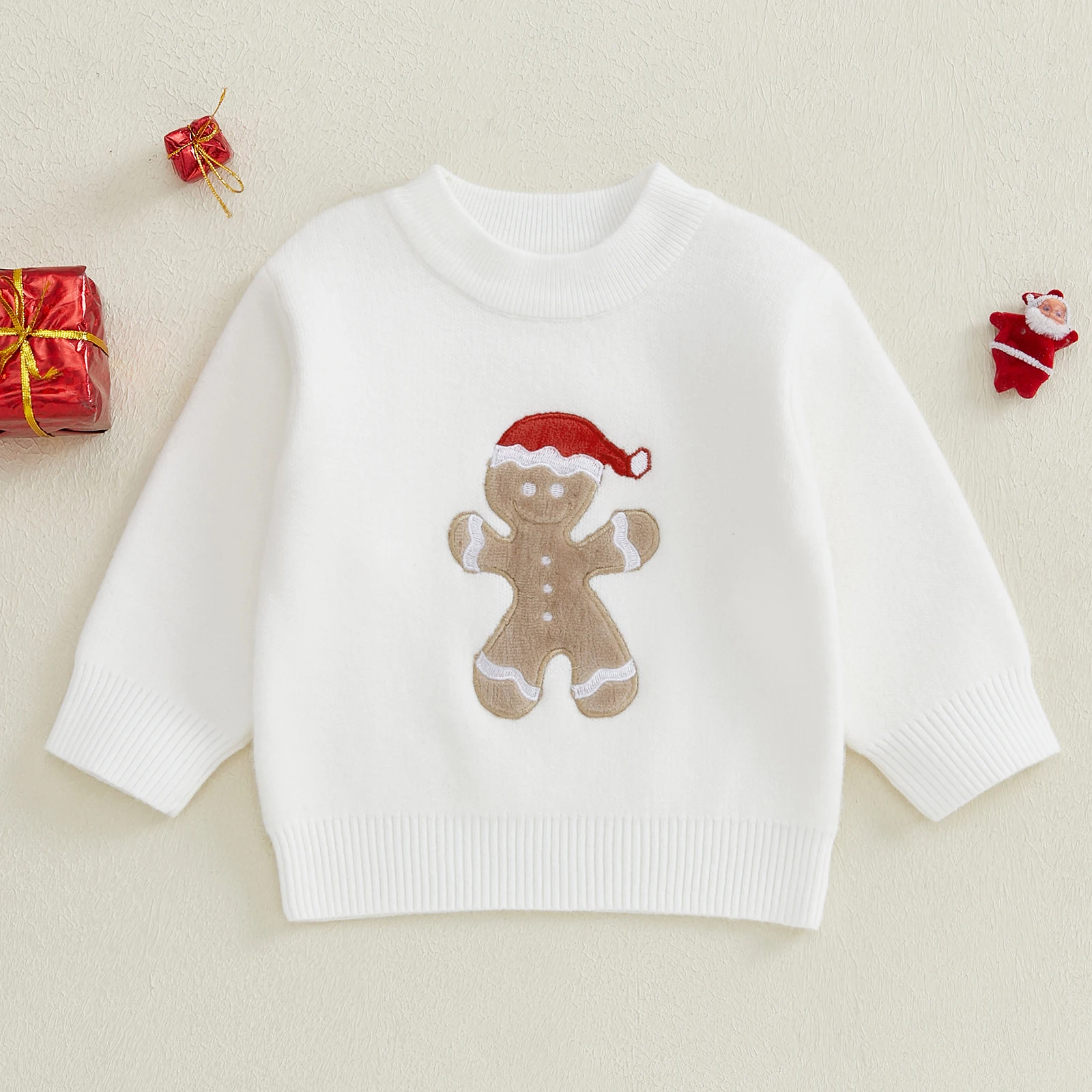 BeQeuewll Soft Knitted Girls Boys Clothes Toddler Christmas Sweater Long Sleeve Gingerbread Man Embroidery Kid Pullover Knitwear