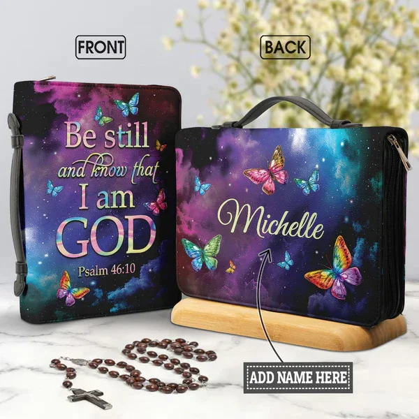 

PU Leather Bible Cover Case for Women Be Still And Know That I Am God Colorful Butterfly Psalm Storage Bags Study Book Holy New