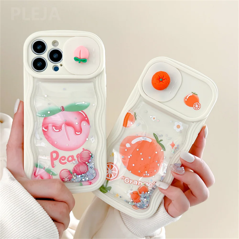 Cute Fruit Peach Push Pull Camera Lens Phone Case Glitter