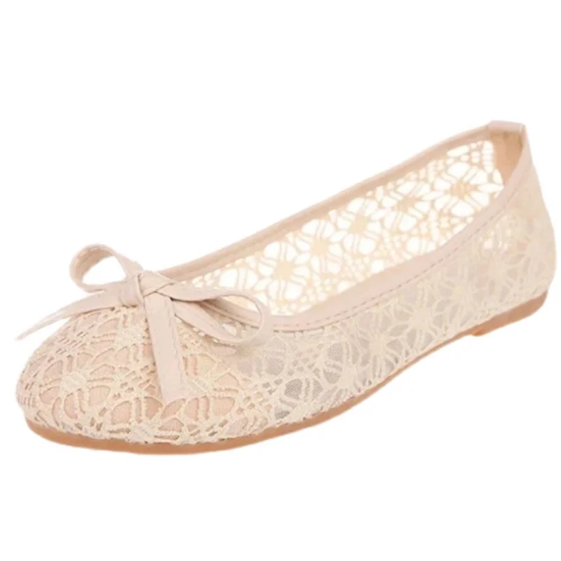 Lady Bare Foot Shoes Sweet Breathable Mesh Summer Flats With Bow-Knot Round Toe Spike Heels Anti-Slip Beige Sole 2022 New In 45
