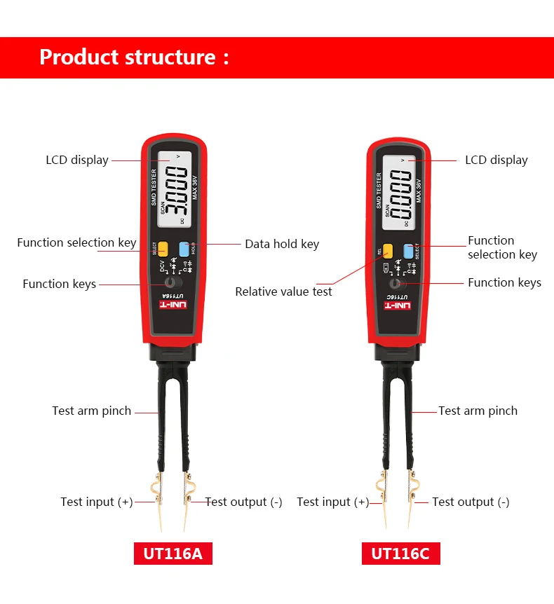 UNI-T UT116A UT116C Digital Tweezers Smart SMD Tester Professional LED Diode Electronic Component Tester Electrical Multimeter 3