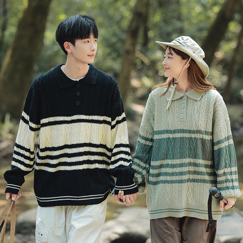 

Men's Cable Sweaters Classic Fit Lapel Collar Striped Sweaters Fashion Streetwear Couple Tops Spring Vintage Pullovers