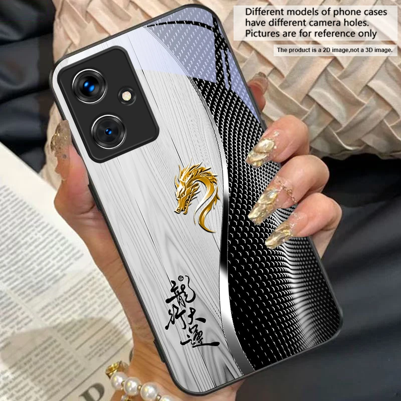 Elegant Black Tempered Glass Phone Case with Traditional Dragon Totem Design