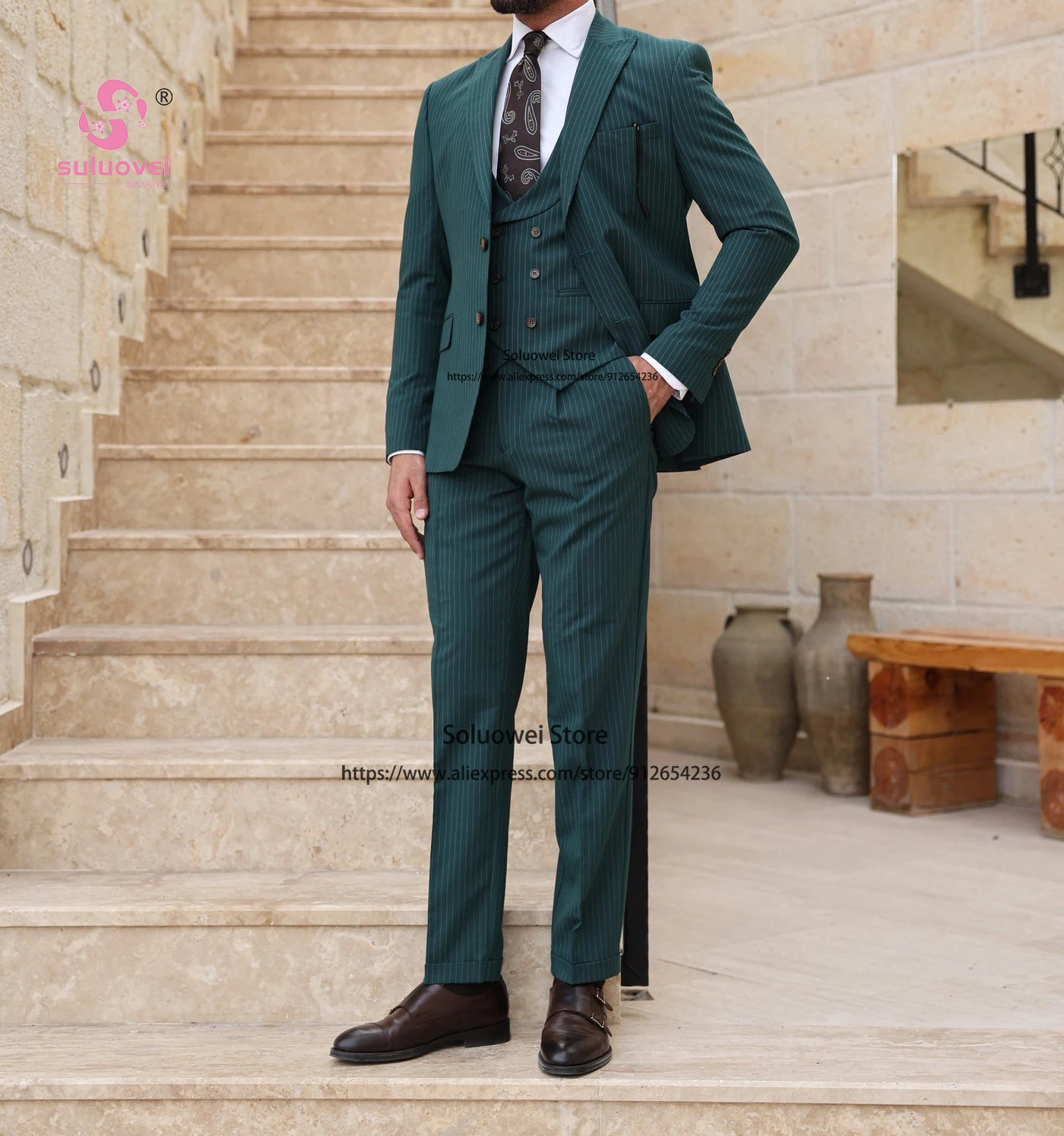 Fashion Teal Pinstripes Suits For Men Slim Fit 3 Piece Pants Set Prom Groom Wedding Peaked Lapel Tuxedo Terno Masculino Completo