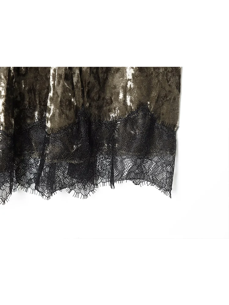 TFMLN Elegant Velvet Midi Skirts For Women Solid Lace Hem Splicd New High Waist Long Skirt Casual Streetwear Chic Lady Skirts