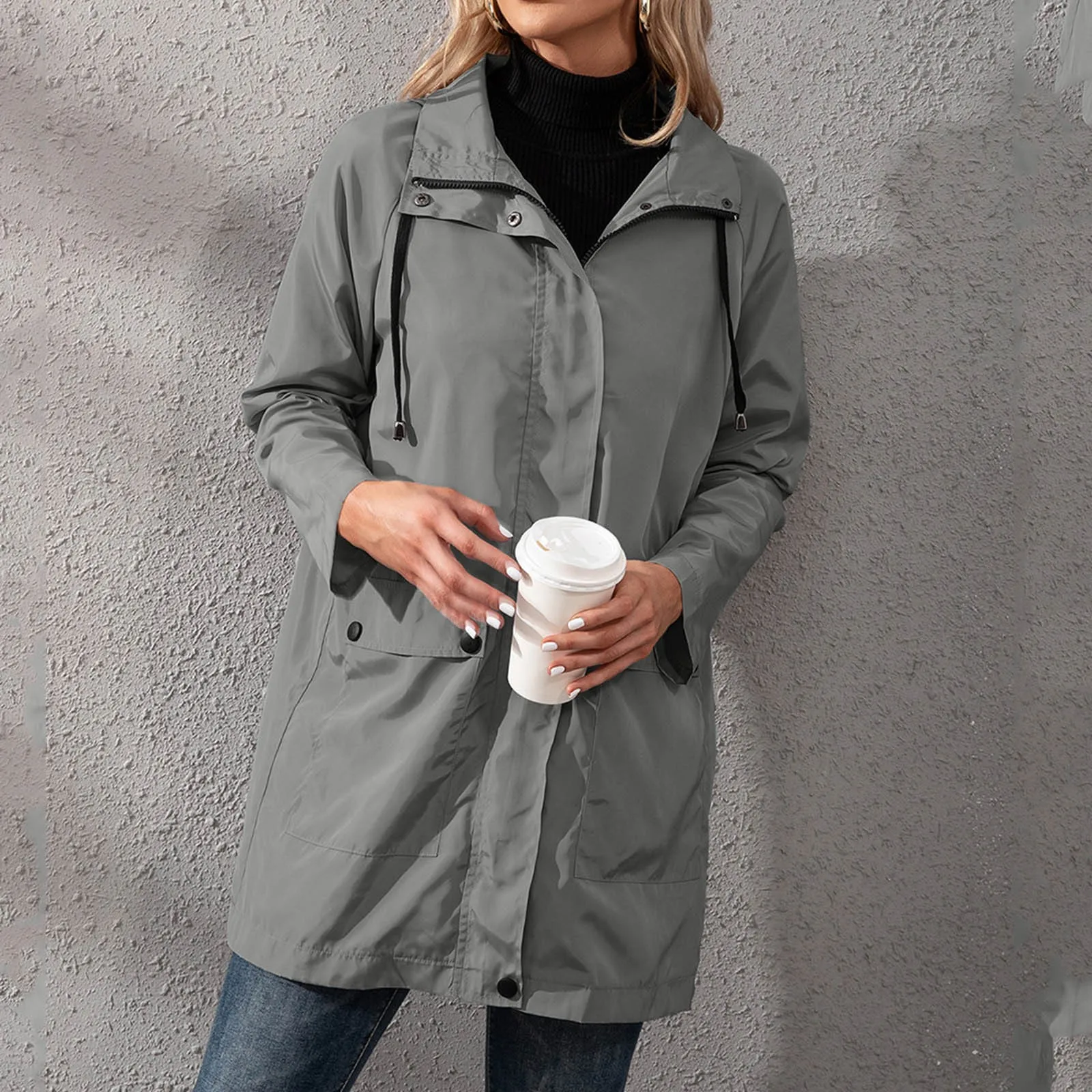 Fashion Women Hooded Trench Coat Casual Lady Waterproof Windproof Long Jacket Buttons Zipper Coats Female Long Sleeve Outerwear