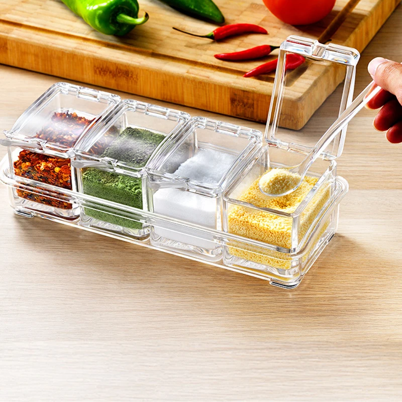 Kitchen Four-compartment Spice Box Set Transparent Spice Jar Salt and Sugar Seasoning Spoon Box