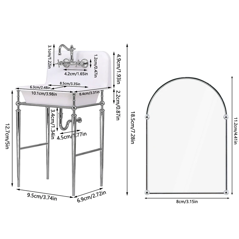 1:6 Dollhouse Miniature Kitchen Sink Lavatory Washbasin Water Faucet Bathroom Mirror Wash Sink Pot Model DIY Furniture Toy Decor