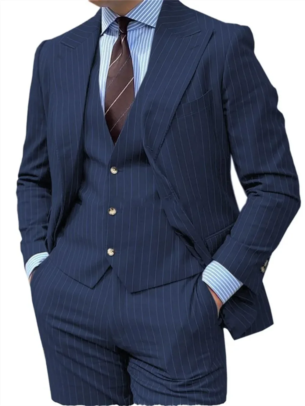 3 Pieces Grey Stripe Design Men Suits Peaked Lapel Formal Business Man Blazer  Groom Tuxedo Classic Fit Male Outfit 6