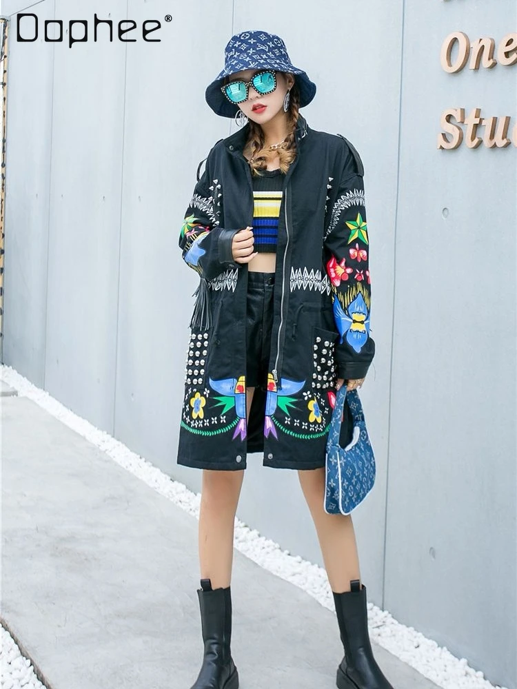 

Fashion Heavy Industry Rivets Graffiti Printed Tassel Trench Coat 2024 Spring New Mid-Length Stand Collar Zipper Jacket Women