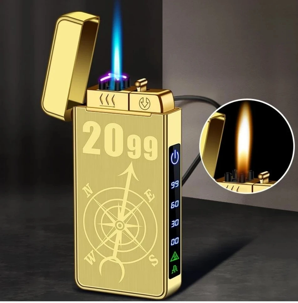 Triple Flame Electric Pulse Plasma Dual Arc USB Lighter Metal Gas and Electric Lighter LED Screen Display Men's Gift