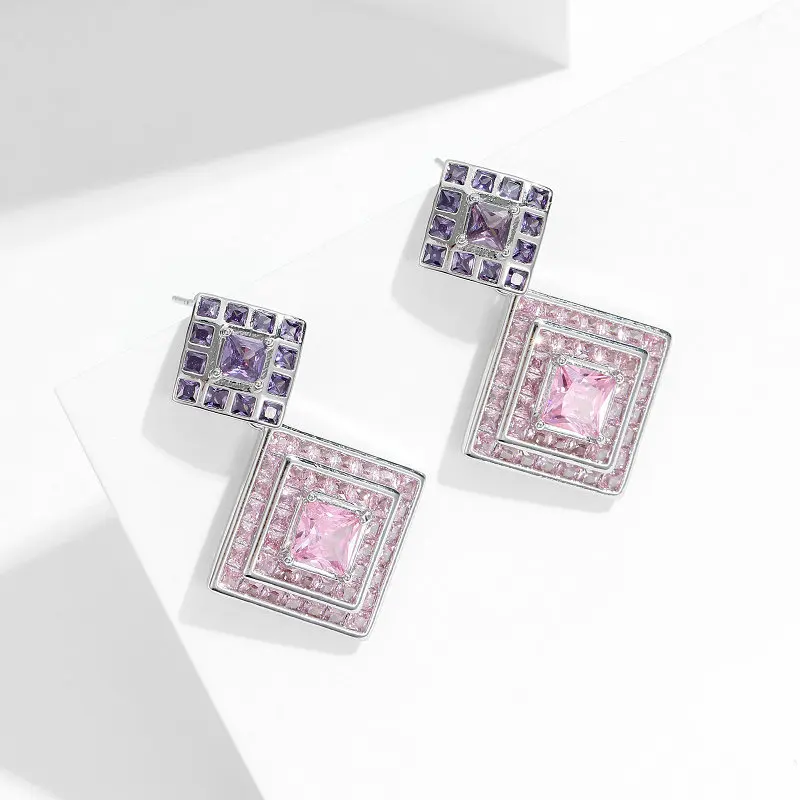 France Fashion Temperament Geometric Lozenge Dangle Earrings For Women Brand Design Sweet Romantic Cubic Zirconia Stud Earings