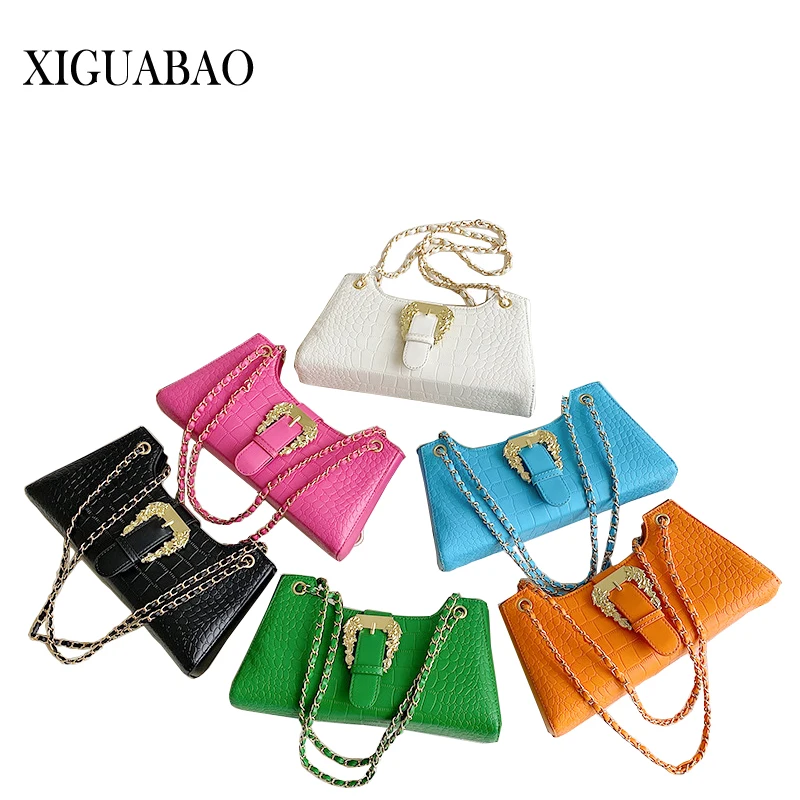 

New Fashion Women's Crocodile Pattern Chain Shoulder Bags Handbags 2024 Luxury Chic Underarm Bags Clutch Blue Green Armpit Bag