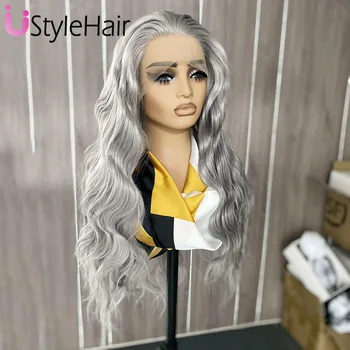 Silver Lace Front Wig Synthetic Long Natural Wave Wig Light Grey Natural Looking Daily Use Wig Heat Resistant Hair Cosplay Party