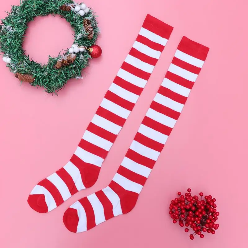 Description Picture 4 of itemChristmas Red White Stockings Long High Striped Over Knee Socks for Xmas Party Costume Supplies- Free Size