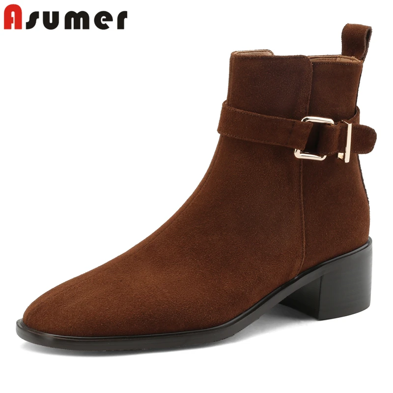 

ASUMER Plus Size 34-42 New Cow Suede Leather Ankle Boots Buckle Zip Square Heels Retro Autumn Winter Ladies Boots Dress Shoes