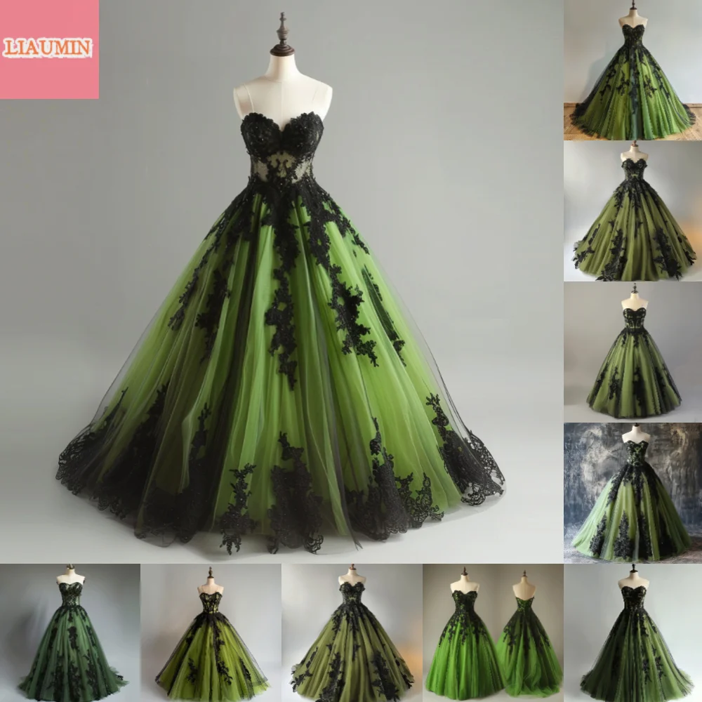 

Green and Black Lace Applique Sweetheart Strapless Ball Gown Full Length Evening Formal Party Prom Dress Hand Made Custom W11-6