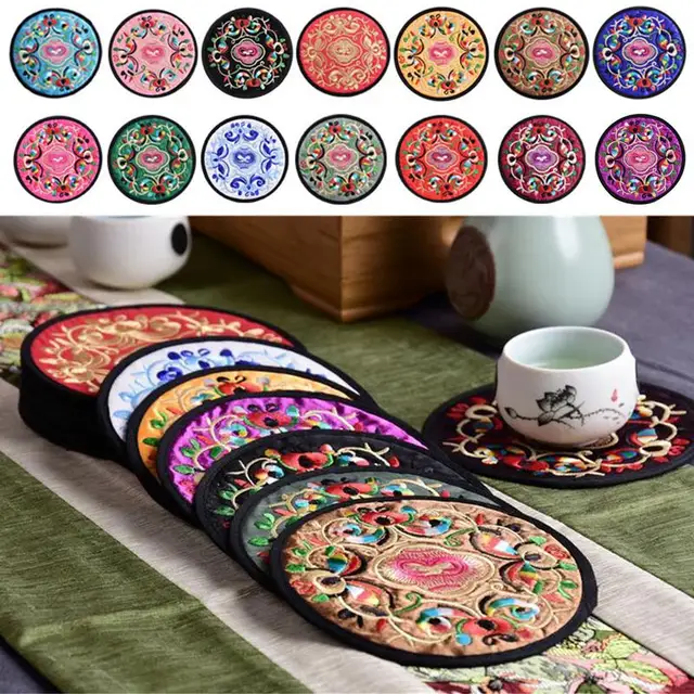 Hímzett Ruhák Alátétek 10Db Boho Vintage Etnikai Virágos Teáscsésze Placemats Kínai Stílusú Dekorációs Párnák
