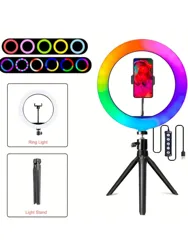 Adjustable RGB Ring Light with Tripod Stand and Phone Holder for Makeup, Photography, and Video Recording (Black)